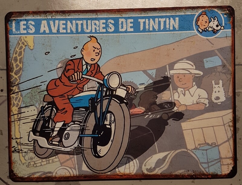 Plaque métal vintage Tintin en moto