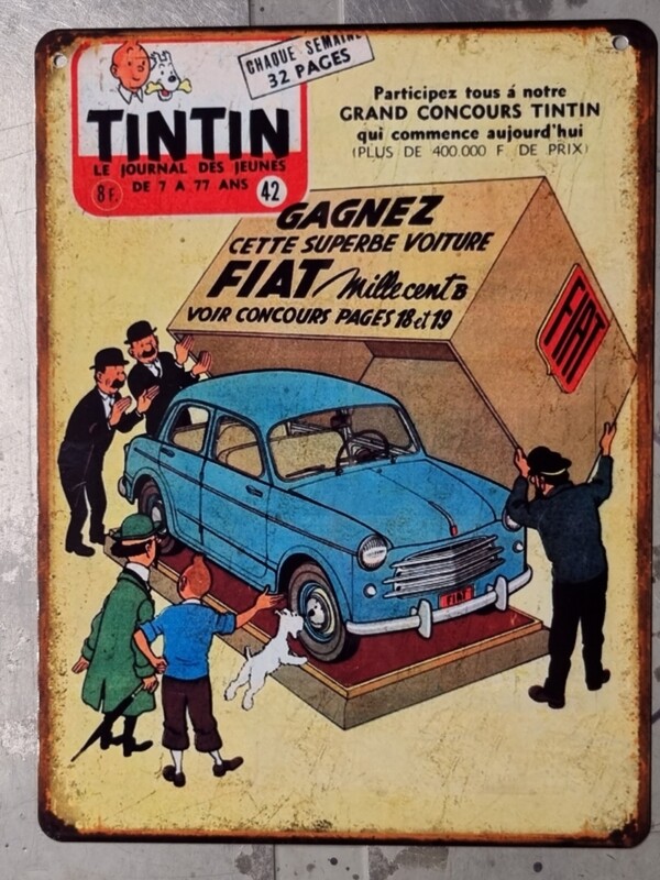 Plaque métal vintage Tintin Fiat 1100 B