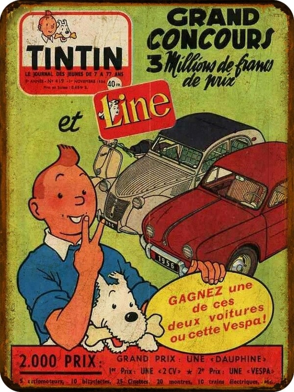 Plaque métal vintage Tintin Citroën et Vespa