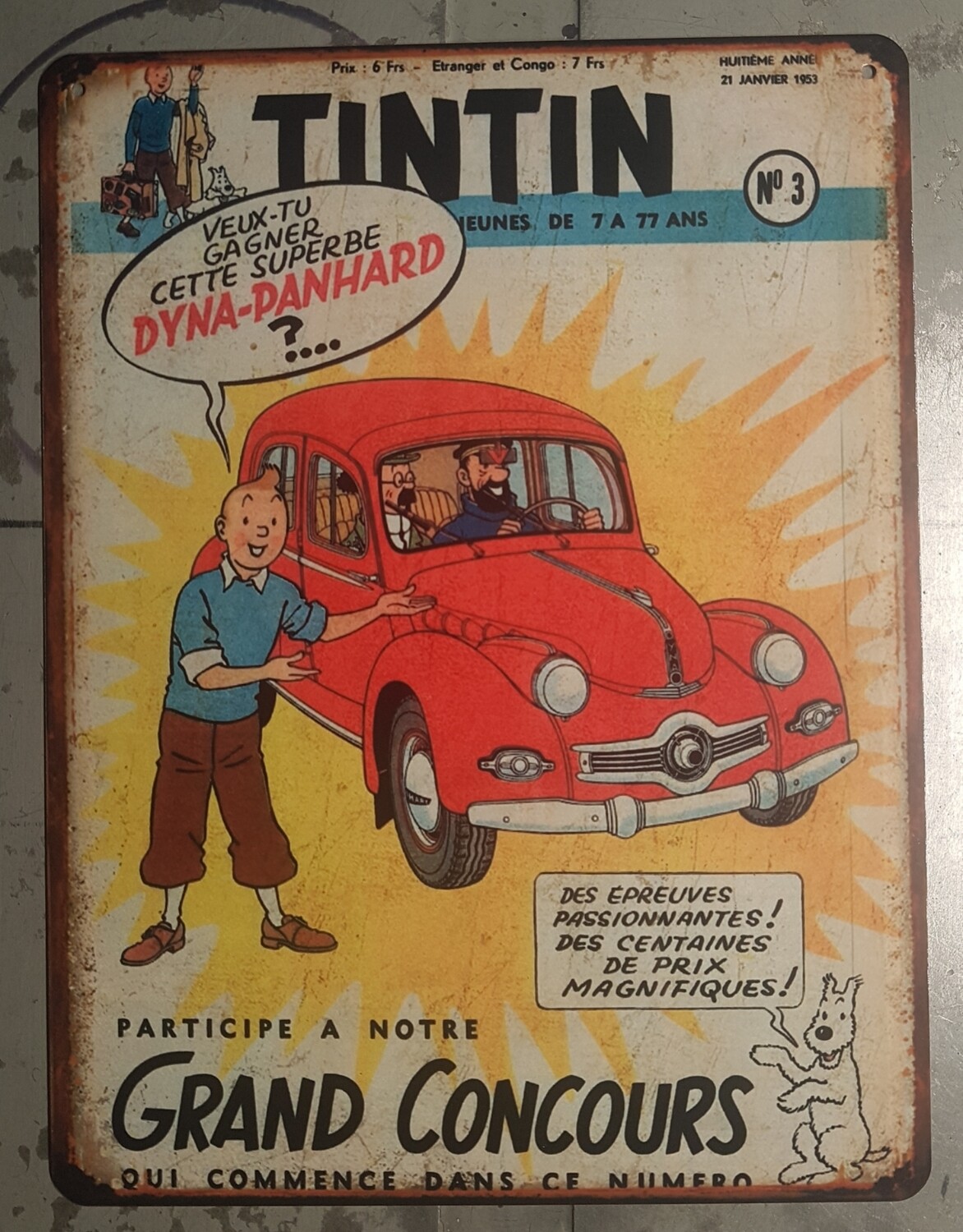 Plaque métal vintage Tintin Panhard Dyna