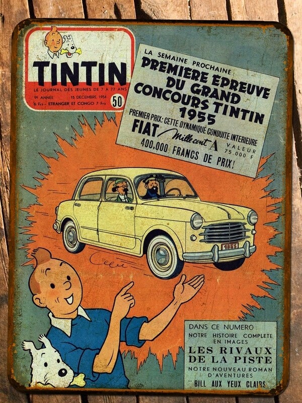 Plaque métal vintage Tintin Fiat 1100