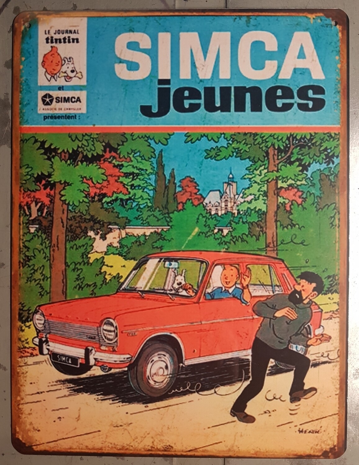 Plaque métal vintage Tintin Simca 1100