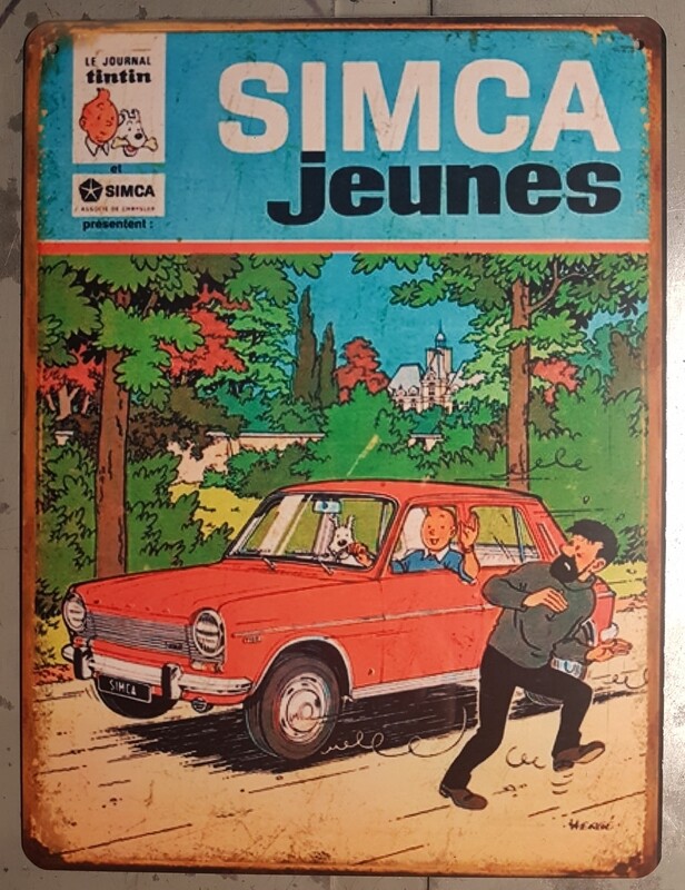 Plaque métal vintage Tintin Simca 1100