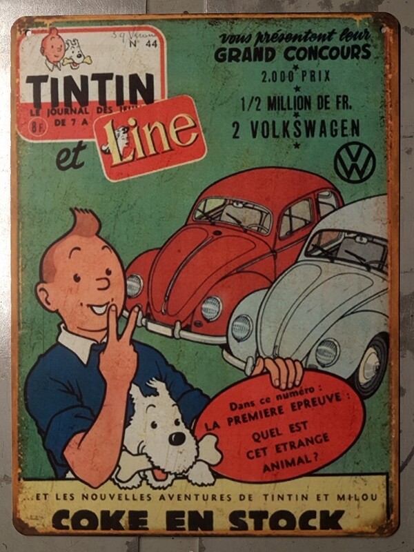 Plaque métal vintage Tintin VW cox