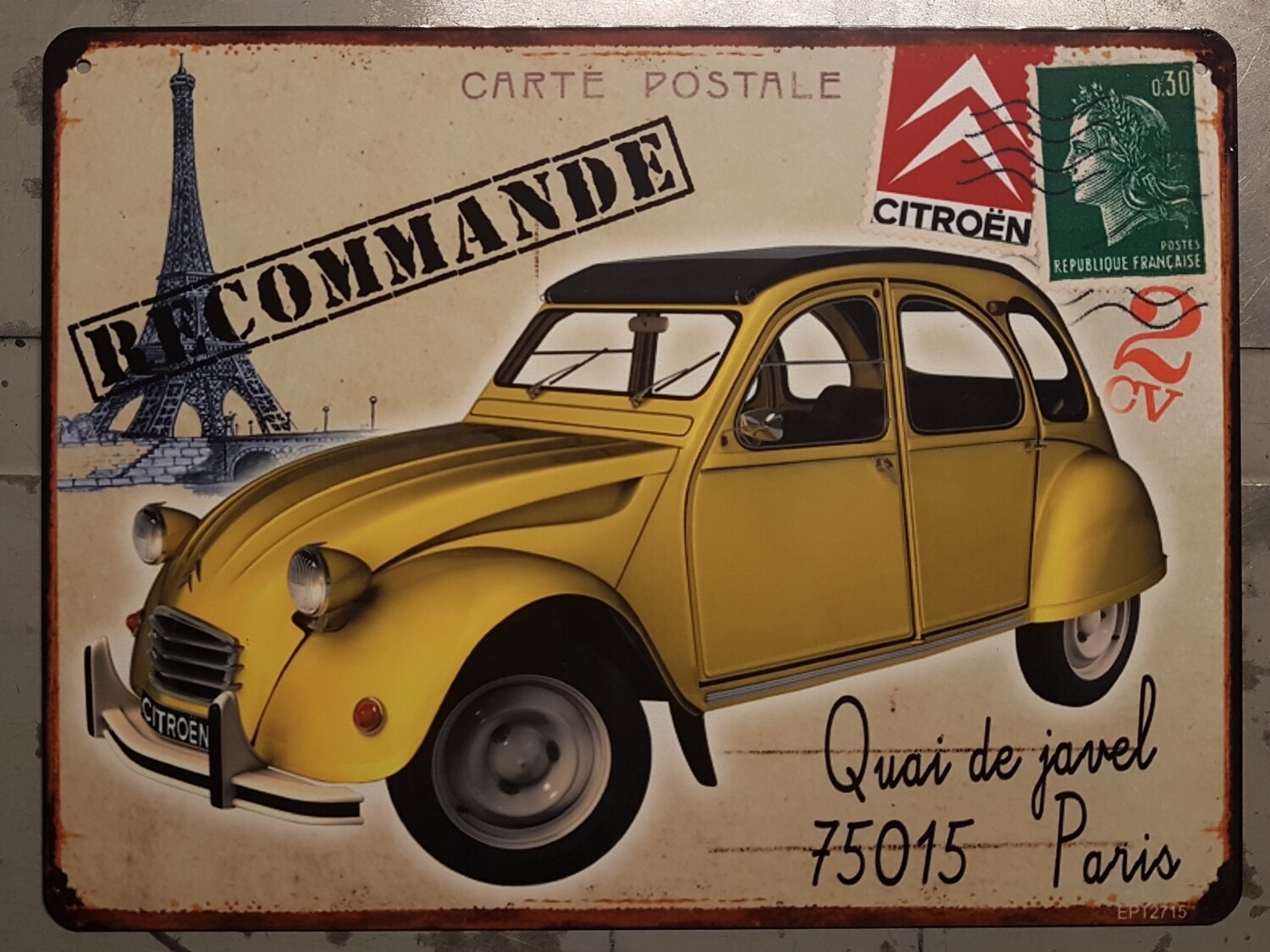 Plaque métal vintage Citroën 2cv jaune