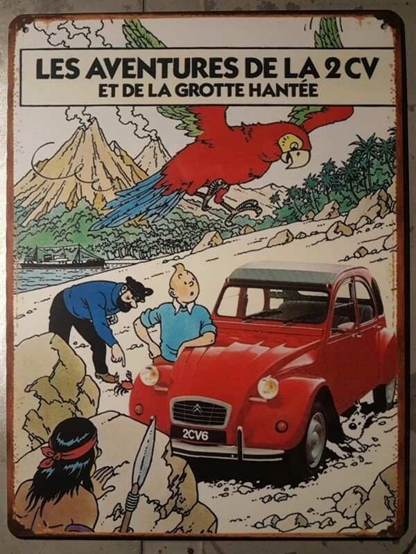Plaque métal vintage Tintin 2cv rouge