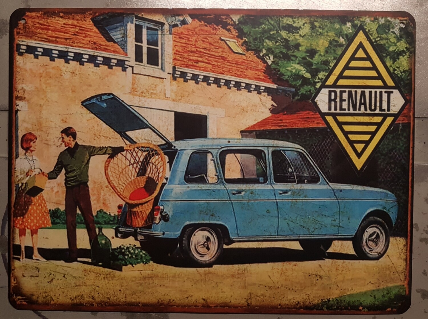 Plaque métal vintage Renault 4L bleue