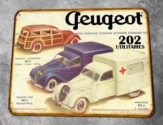 Plaque métal vintage Peugeot 202 utilitaires