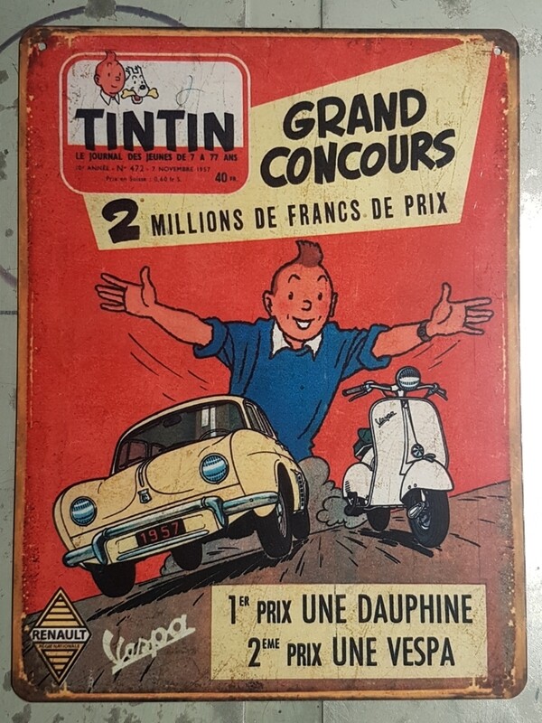 Plaque métal vintage Tintin Dauphine et Vespa