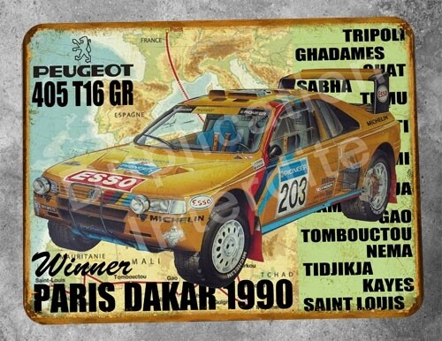 Plaque métal vintage Peugeot 405 Paris Dakar