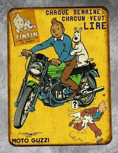 Plaque métal vintage Tintin Moto Guzzi