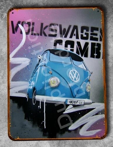 Plaque métal vintage VW Kombi T1 Bleu