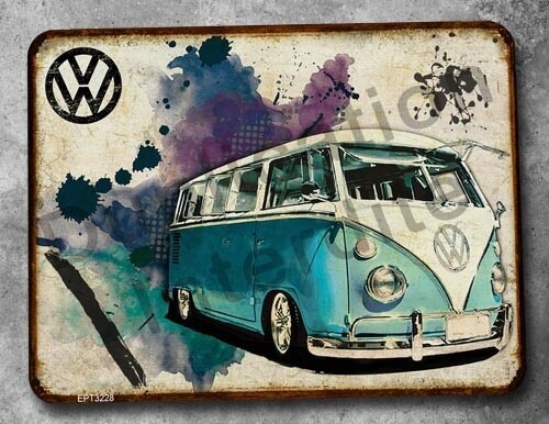 Plaque métal vintage VW kombi Blanc et bleu