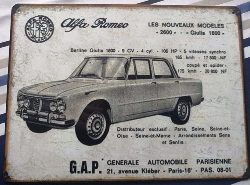 Plaque métal vintage Alfa Roméo Giulia 1600