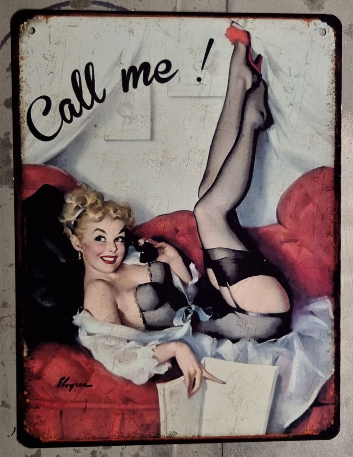 Plaque métal vintage pin-up call me