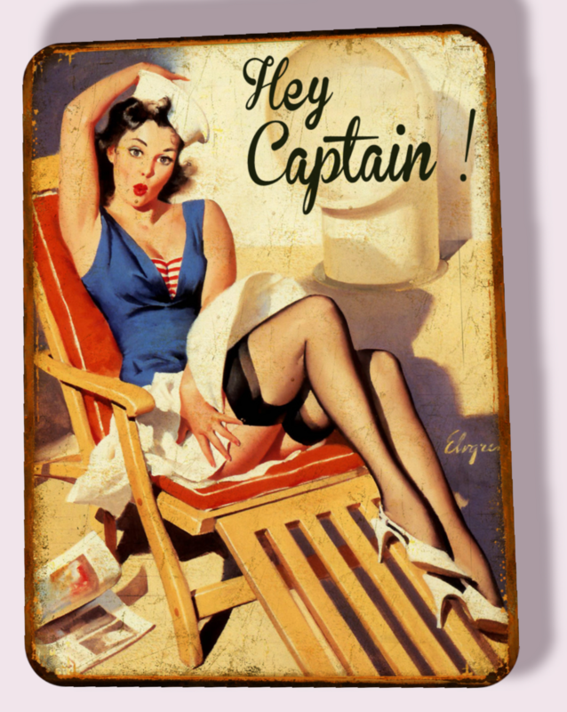 Plaque métal vintage pin-up Hey Captain