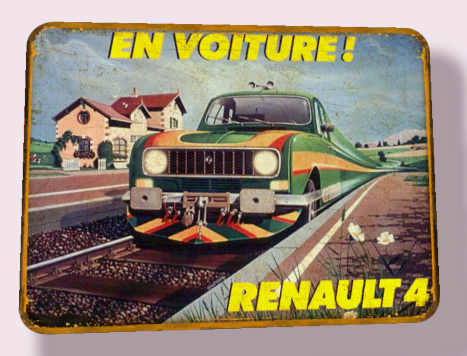 Plaque métal vintage Renault 4L en gare