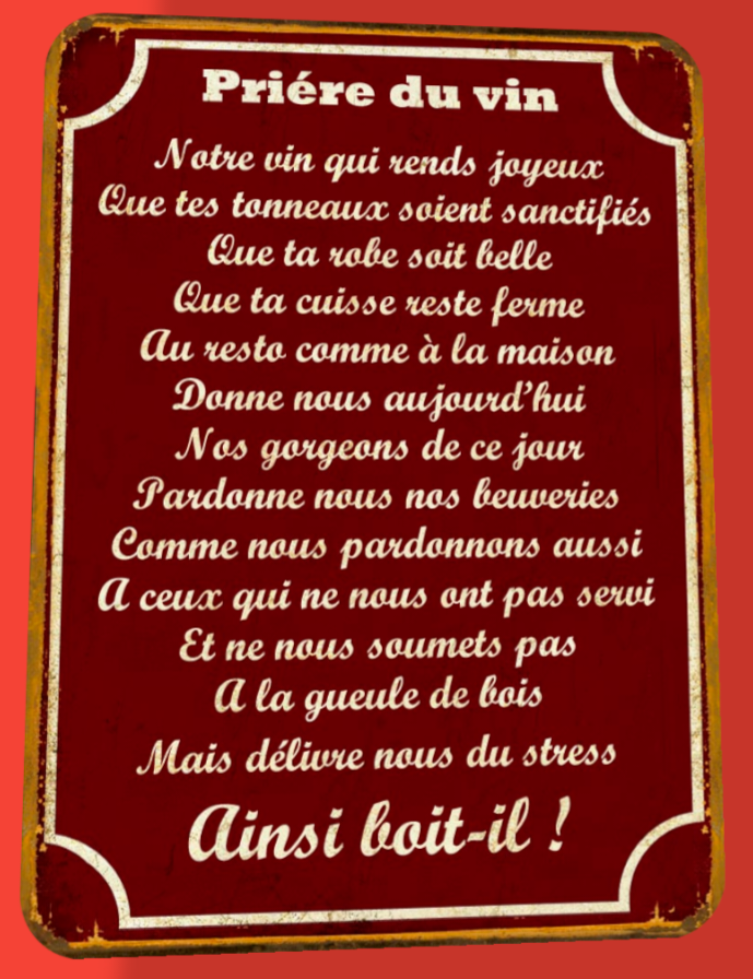 Plaque métal vintage Prière du vin