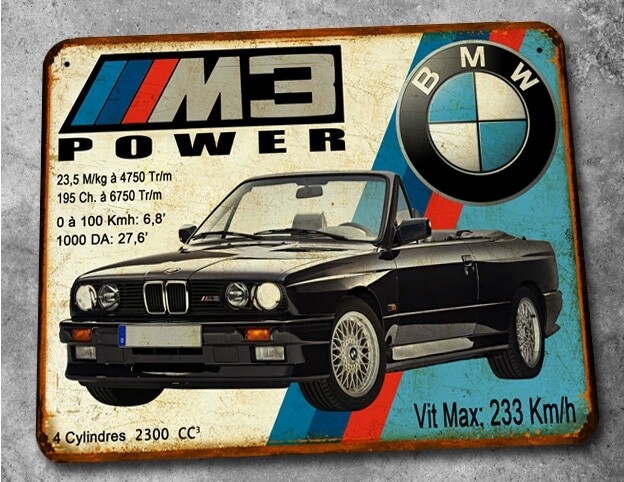 Plaque métal vintage BMW M3 (E30) Cabriolet