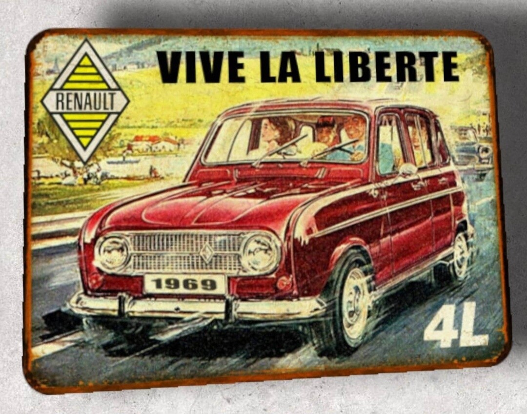 Plaque métal vintage Renault 4L rouge