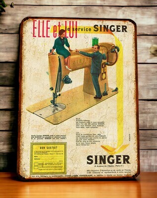 Plaque métal vintage Singer Elle et Lui