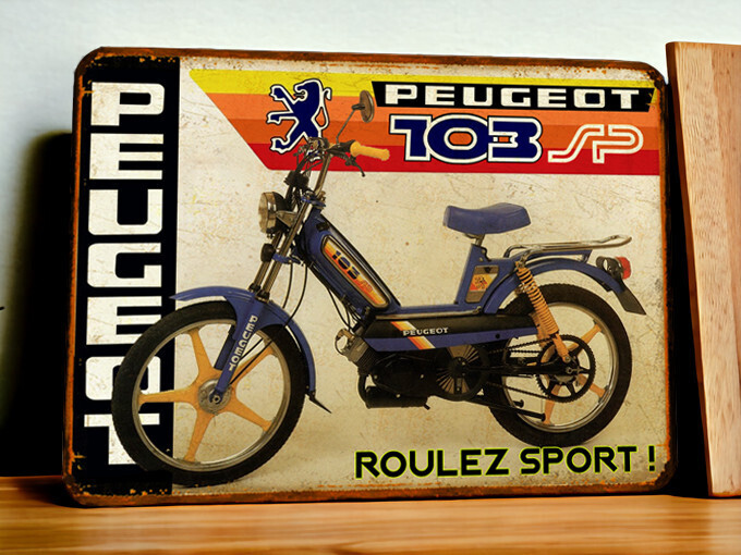 Plaque métal vintage Peugeot 103 SP Bleu
