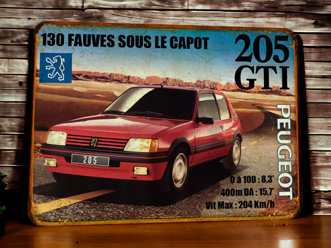 Plaque métal vintage Peugeot 205 GTI 1.9L