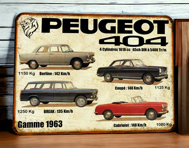 Plaque métal vintage Peugeot 404 (Gamme 1963)