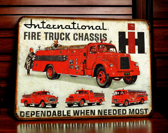 Plaque métal vintage IH Camion de Pompier