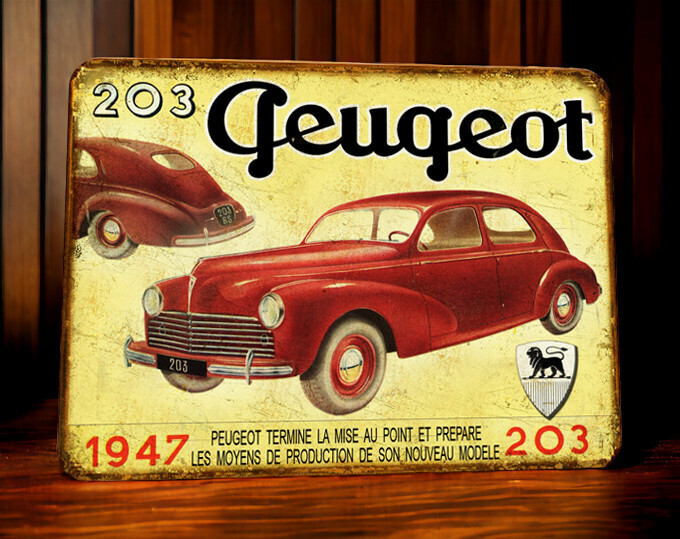 Plaque métal vintage Peugeot 203 rouge