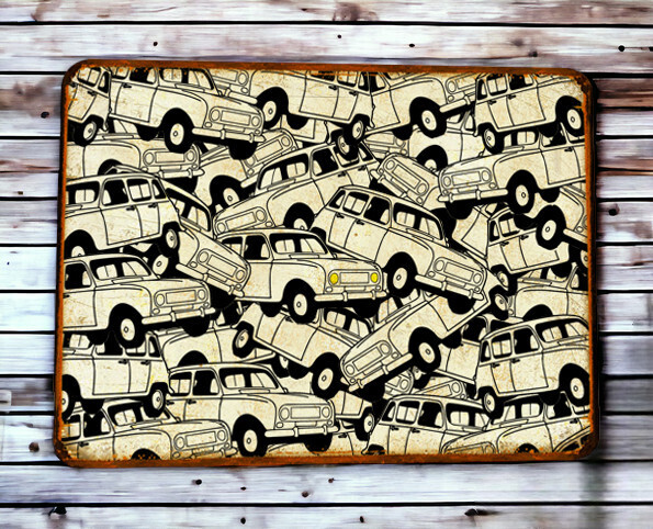 Plaque métal vintage Renault 4L (Noir et Blanc)