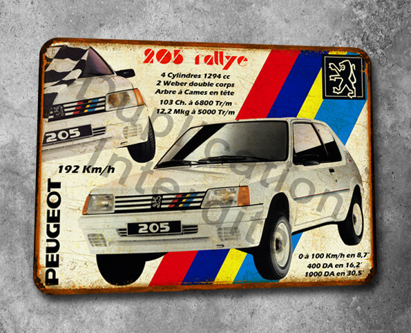 Plaque métal vintage Peugeot 205 Rallye