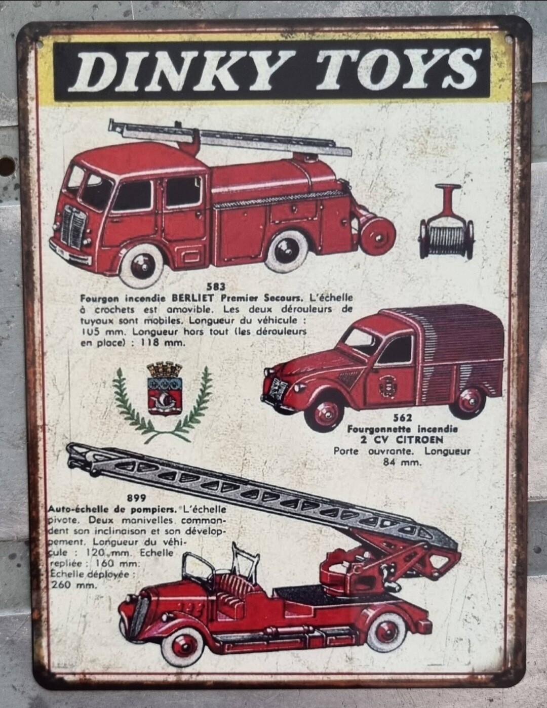 Plaque métal vintage Dinky Toys Camion de Pompier