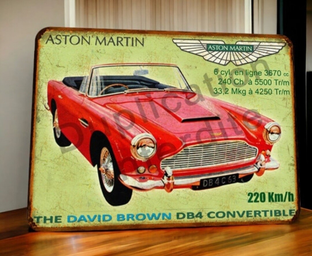 Plaque métal vintage Aston Martin DB4 Convertible