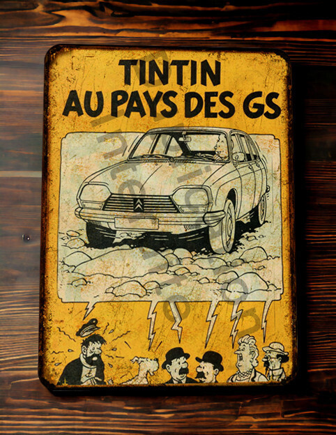 Plaque métal vintage Tintin au pays des GS