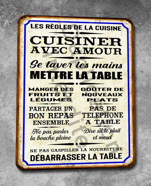 Plaque métal vintage Cuisine, les règles