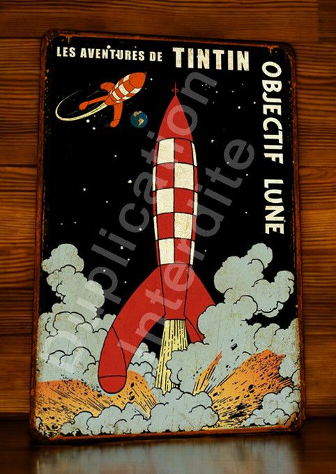 Plaque métal vintage Tintin Fusée