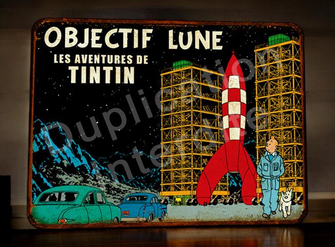 Plaque métal vintage Tintin Objectif Lune