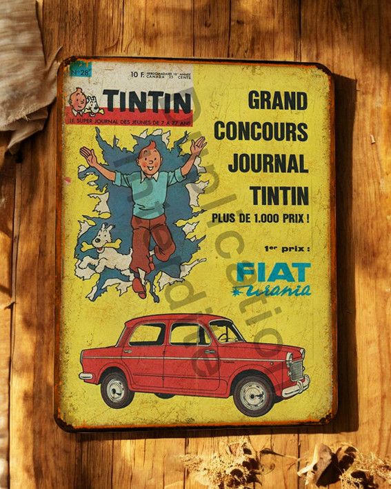 Plaque métal vintage Tintin Fiat Urania