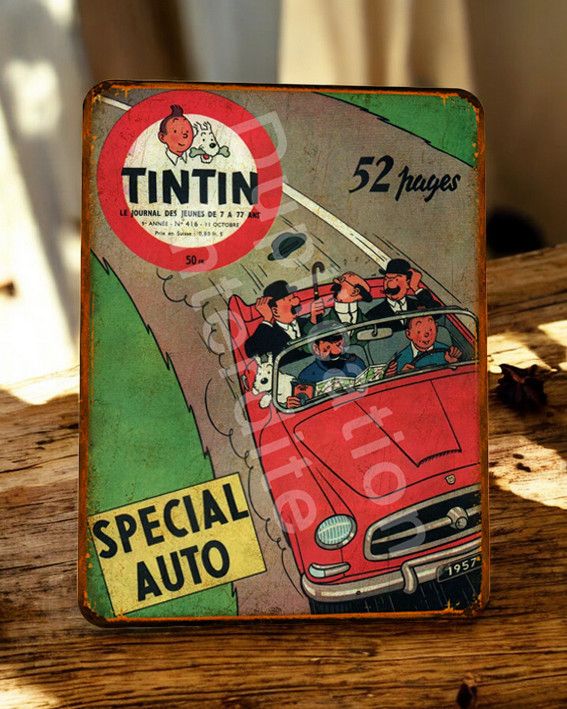 Plaque métal vintage Tintin sur la route
