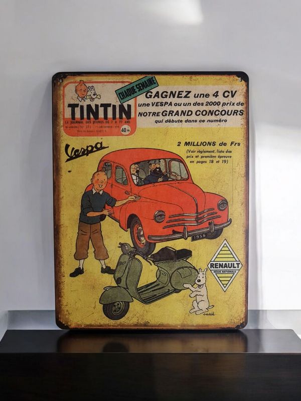 Plaque métal vintage Tintin 4cv