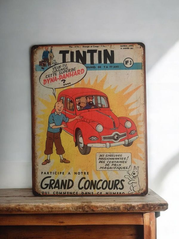 Plaque métal vintage Tintin Panhard Dyna