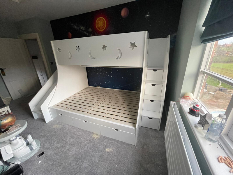 Double And Single Bunk Bed With Long Shelf And Slide, Star Design 