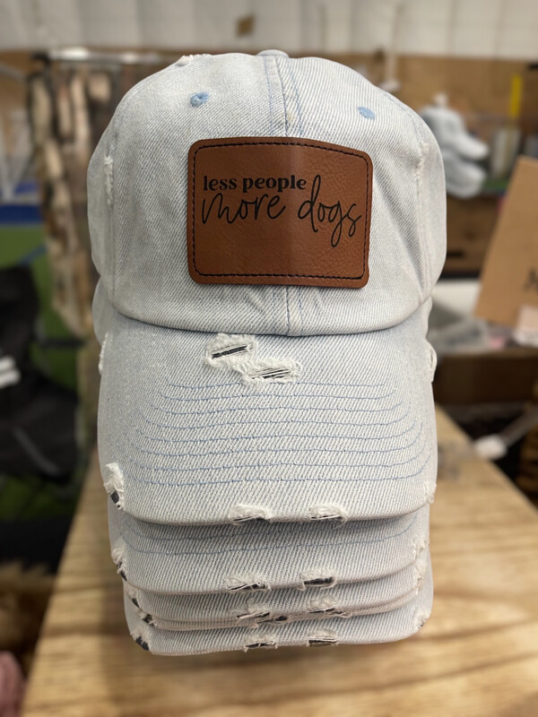 Less People More Dogs Leather Patch Distressed Denim Hat