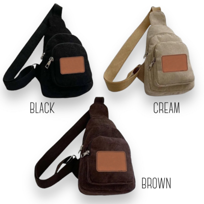 Corduroy Engraved Leather Patch Sling Bags