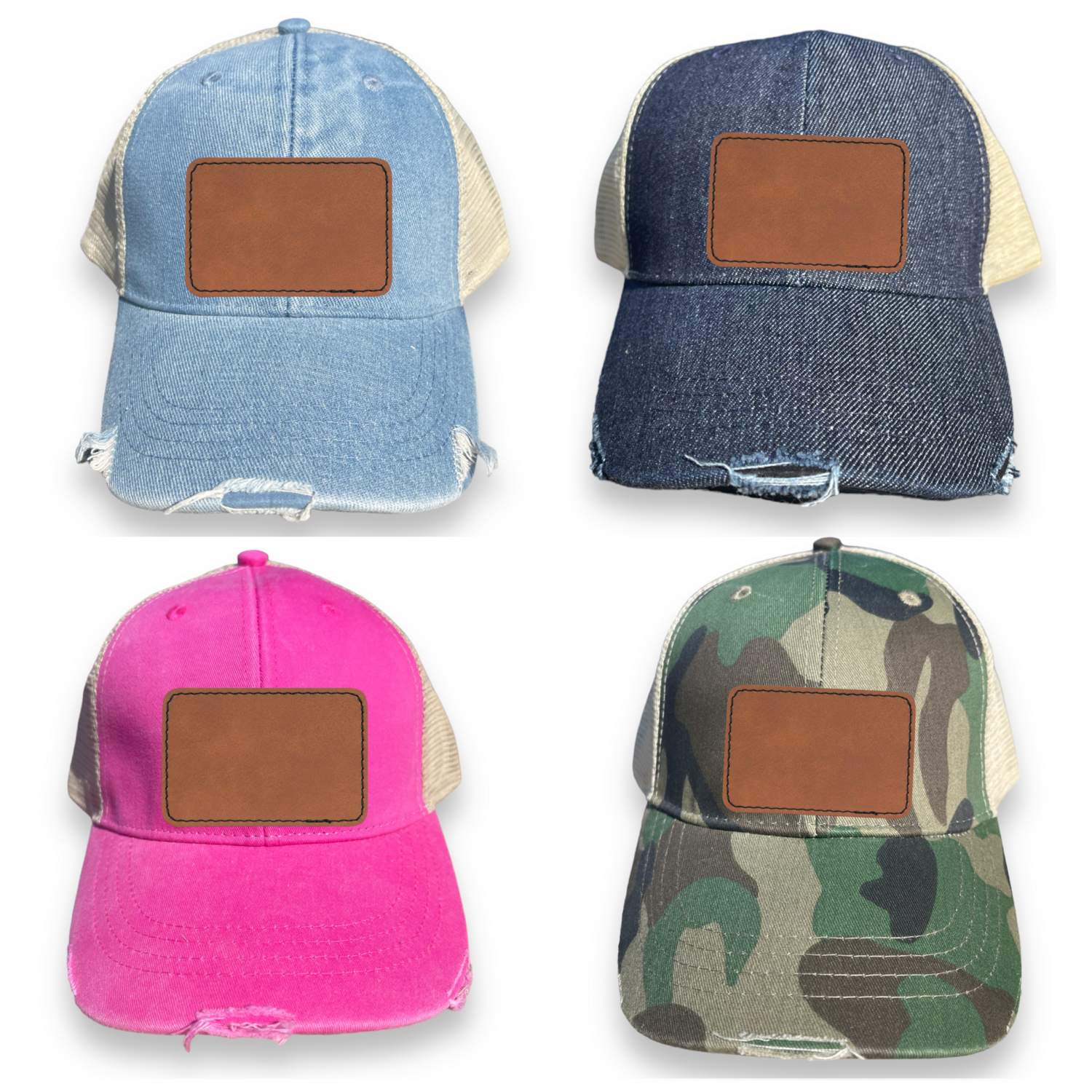 Distressed Engraved Leather Patch Trucker Hats