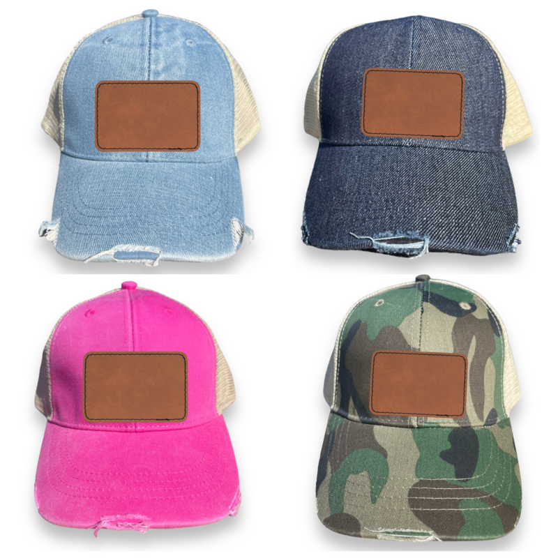 Distressed Engraved Leather Patch Trucker Hats