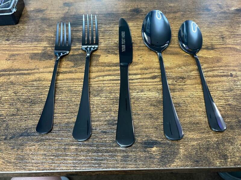 Laser Engraved Black Mirrored 5 Piece Silverware Set