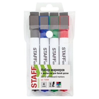 Маркеры для доски STAFF на магните со стирателем, набор 4 цвета