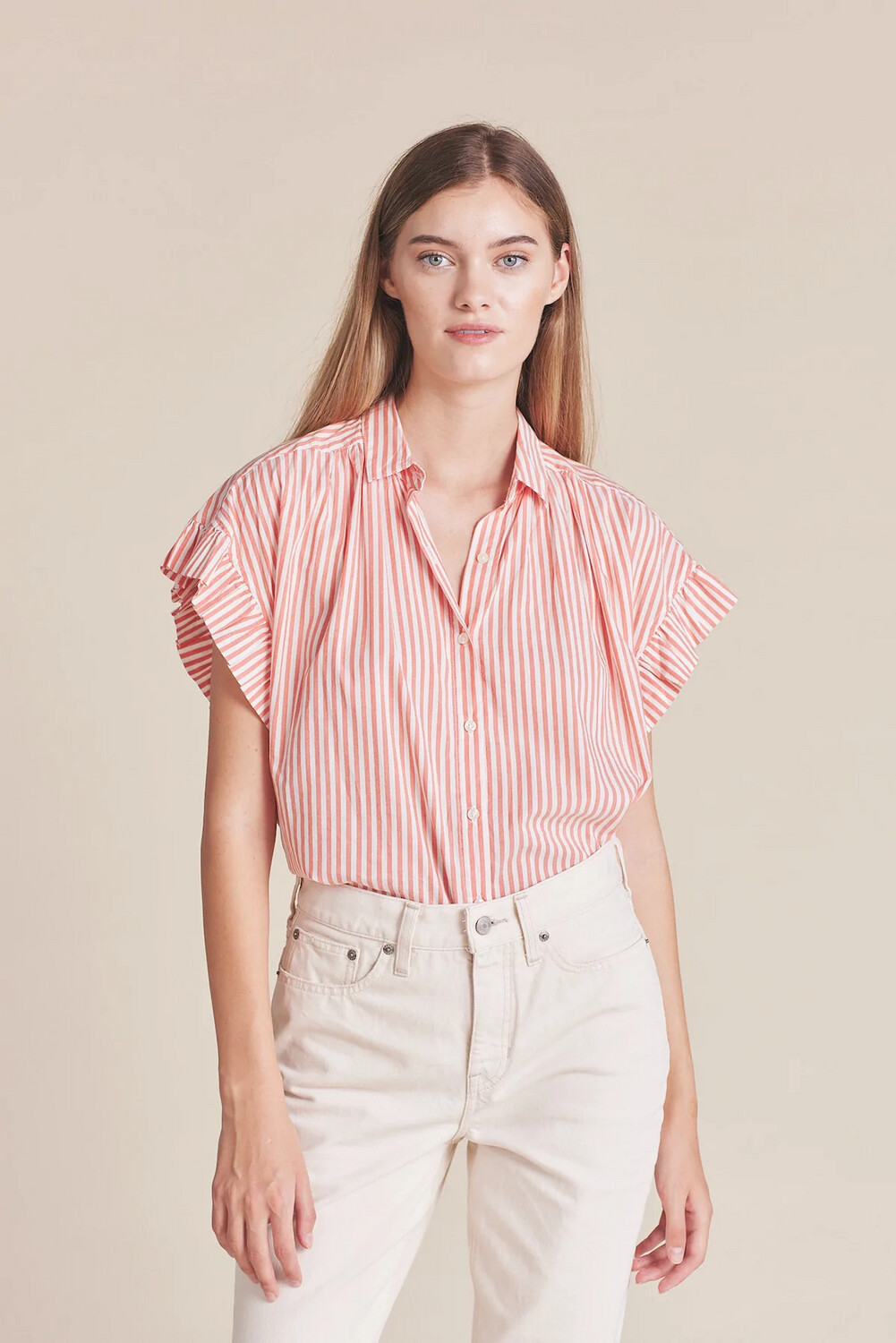 Trovata Marianne "B" Ruffle Sleeve Shirt in Rhubarb Stripe